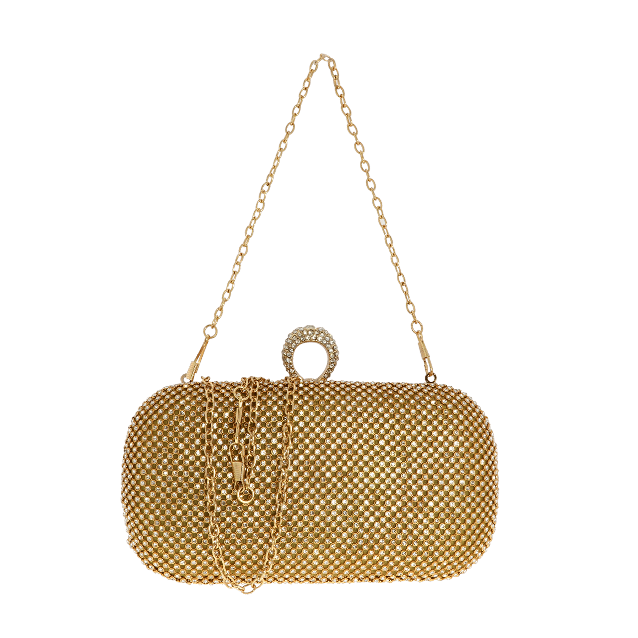 Goldfarbene Clutch mit Glitzersteinchen und Tragekette