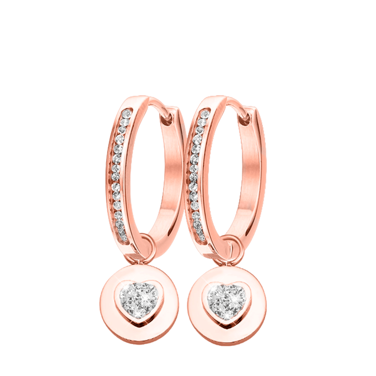 Stainless steel roséplated oorringen met hanger hart met kristal voor dames