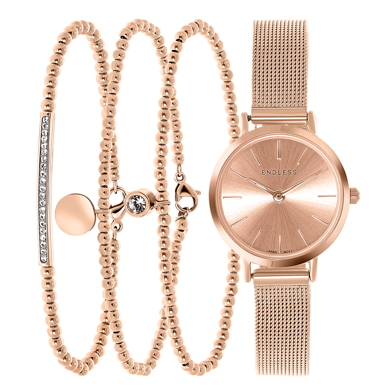 Stainless steel roséplated cadeauset met horloge met kristal voor dames