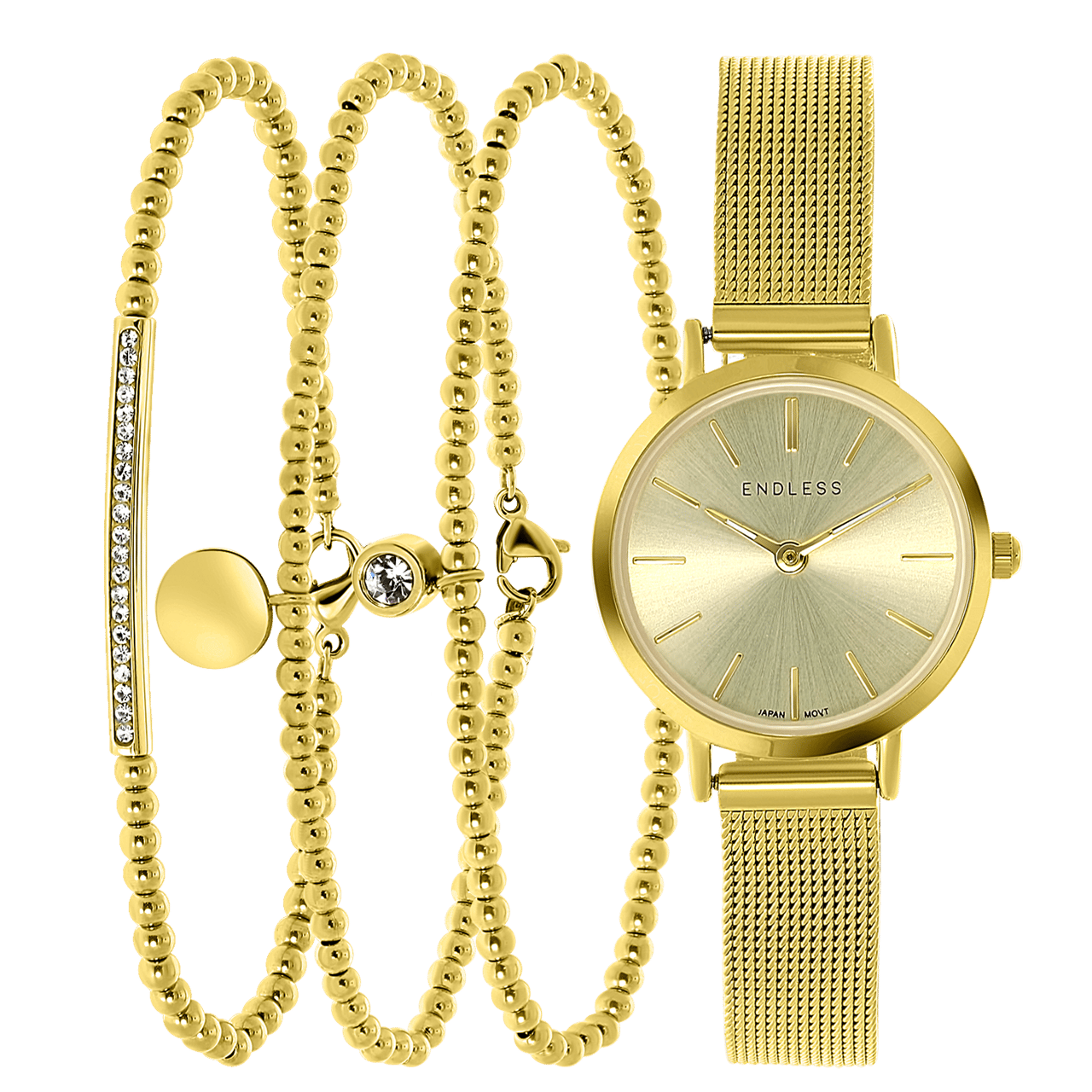 Stainless steel goldplated cadeauset met horloge met kristal voor dames