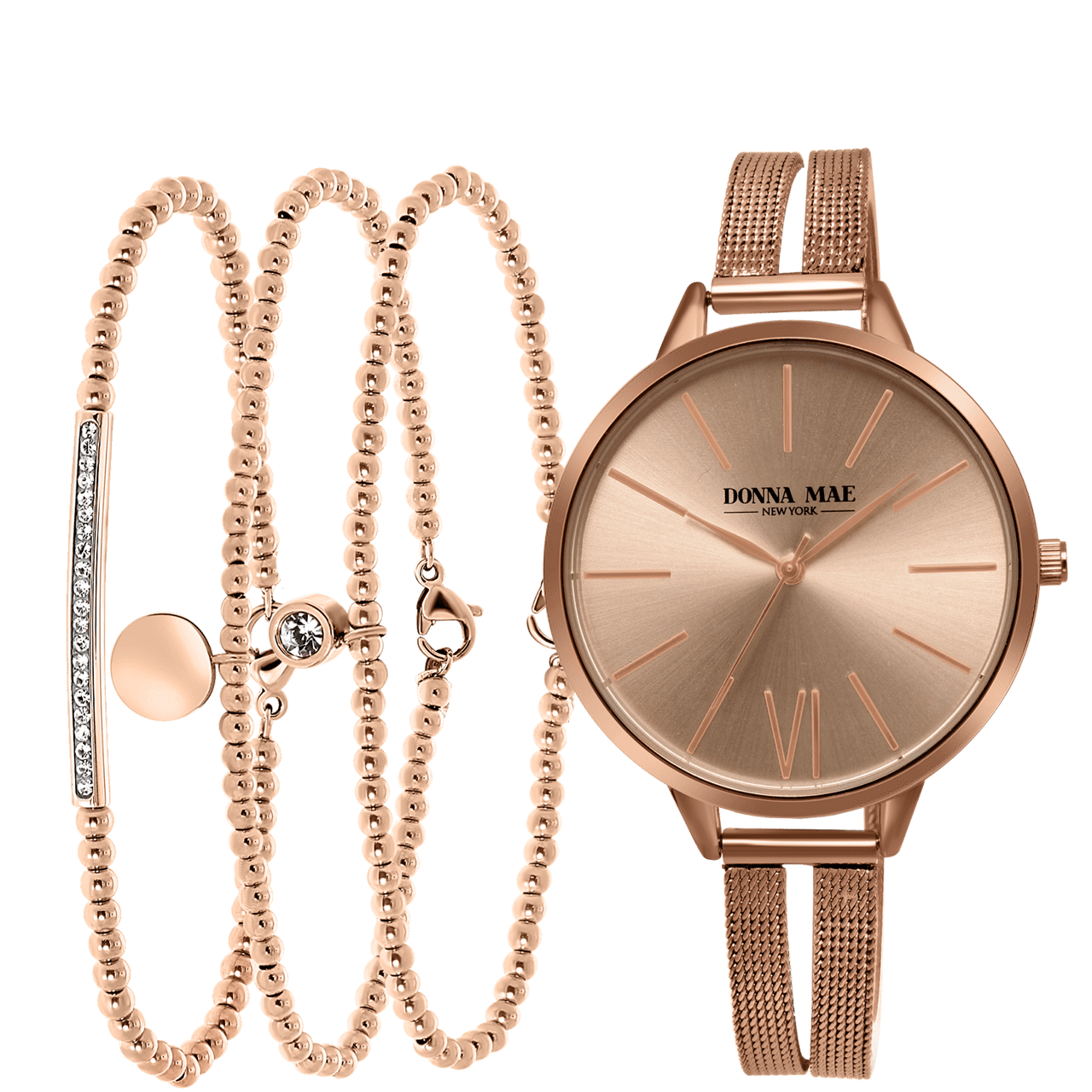 Stainless steel roséplated cadeauset met horloge met kristal voor dames