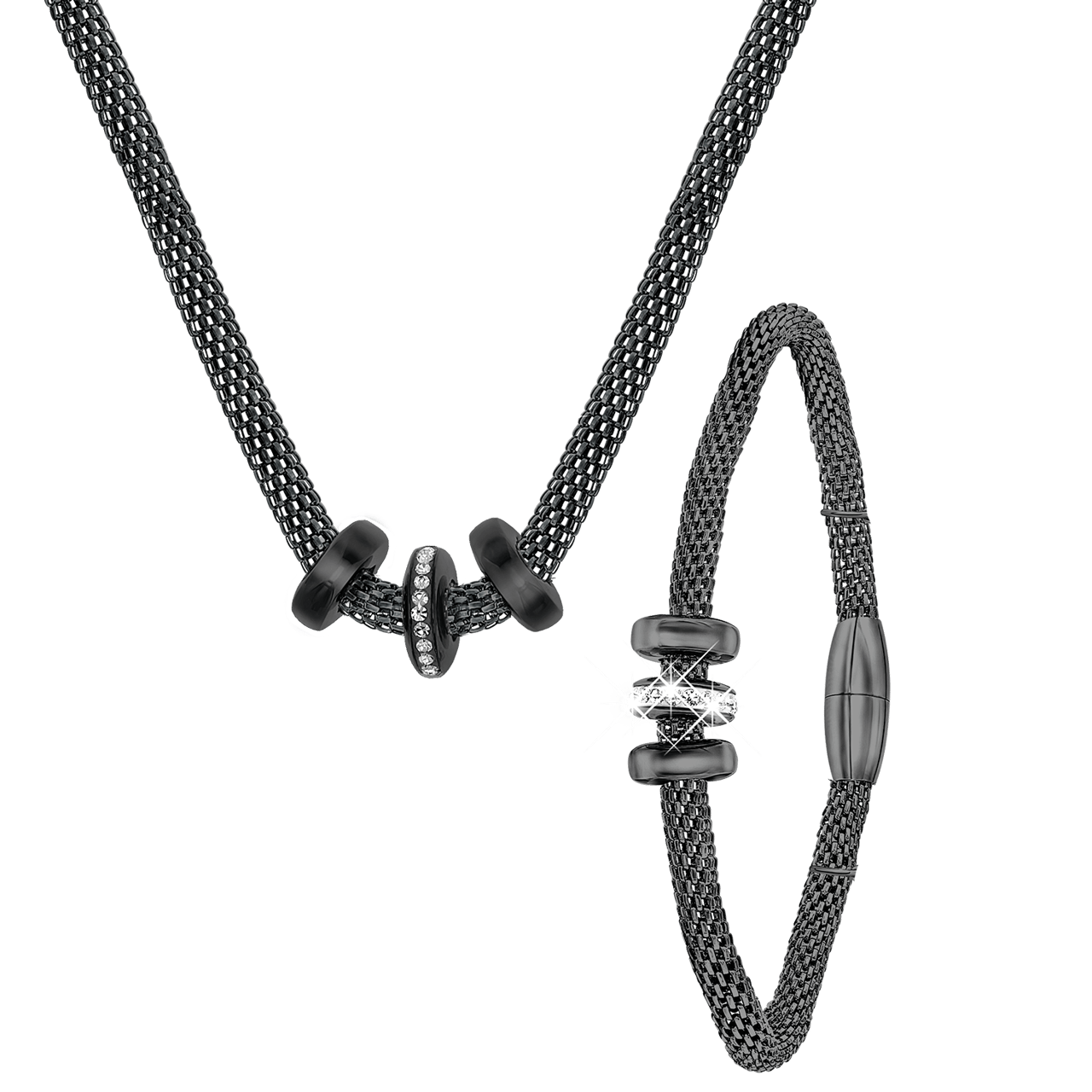 Gerecycleerd stainless steel blackplated set 3ringen kristal