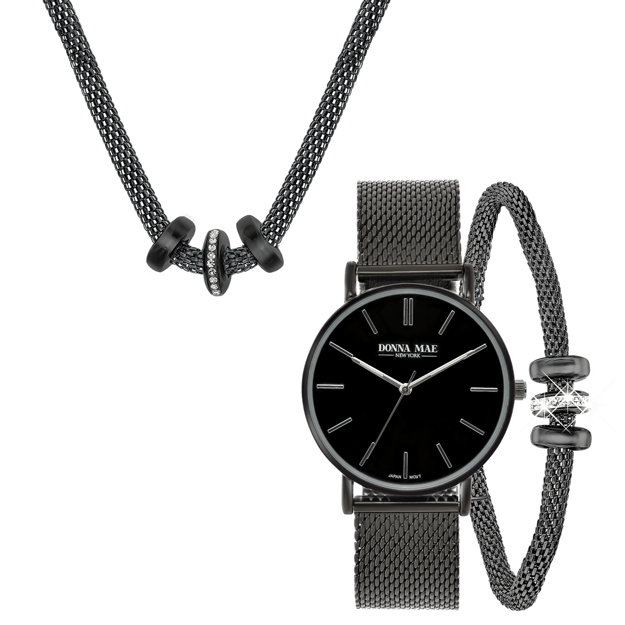 Gerecycleerd stainless steel blackplated set met horloge 3ringen kristal