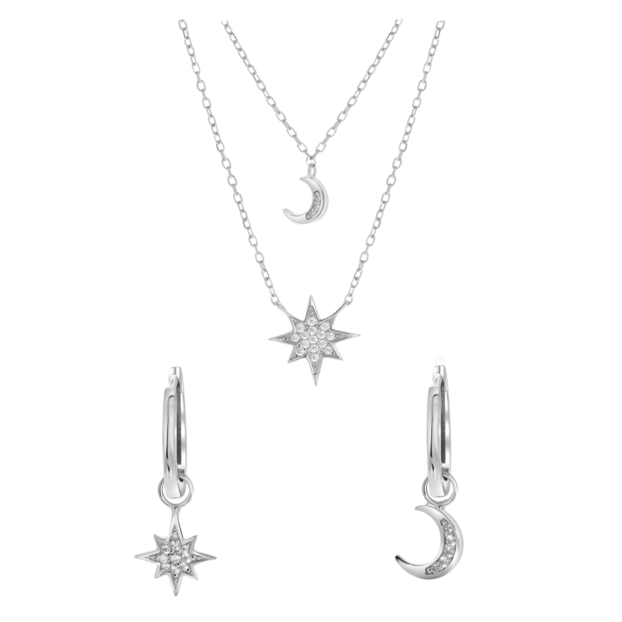 Schmuckset, 925 Silber, Mond/Stern mit Zirkonia
