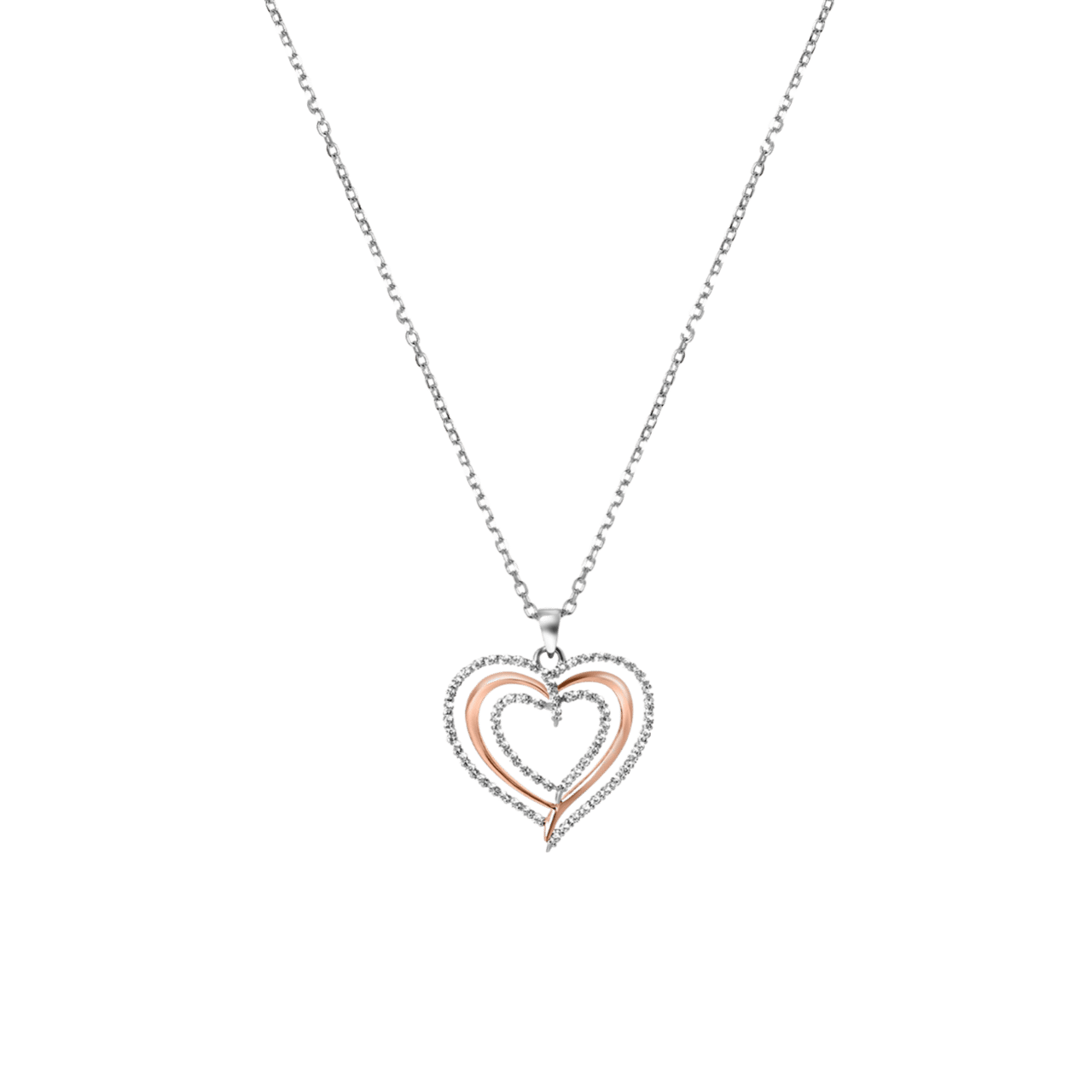 Zilveren ketting&hanger hart zilver/rose zirkonia