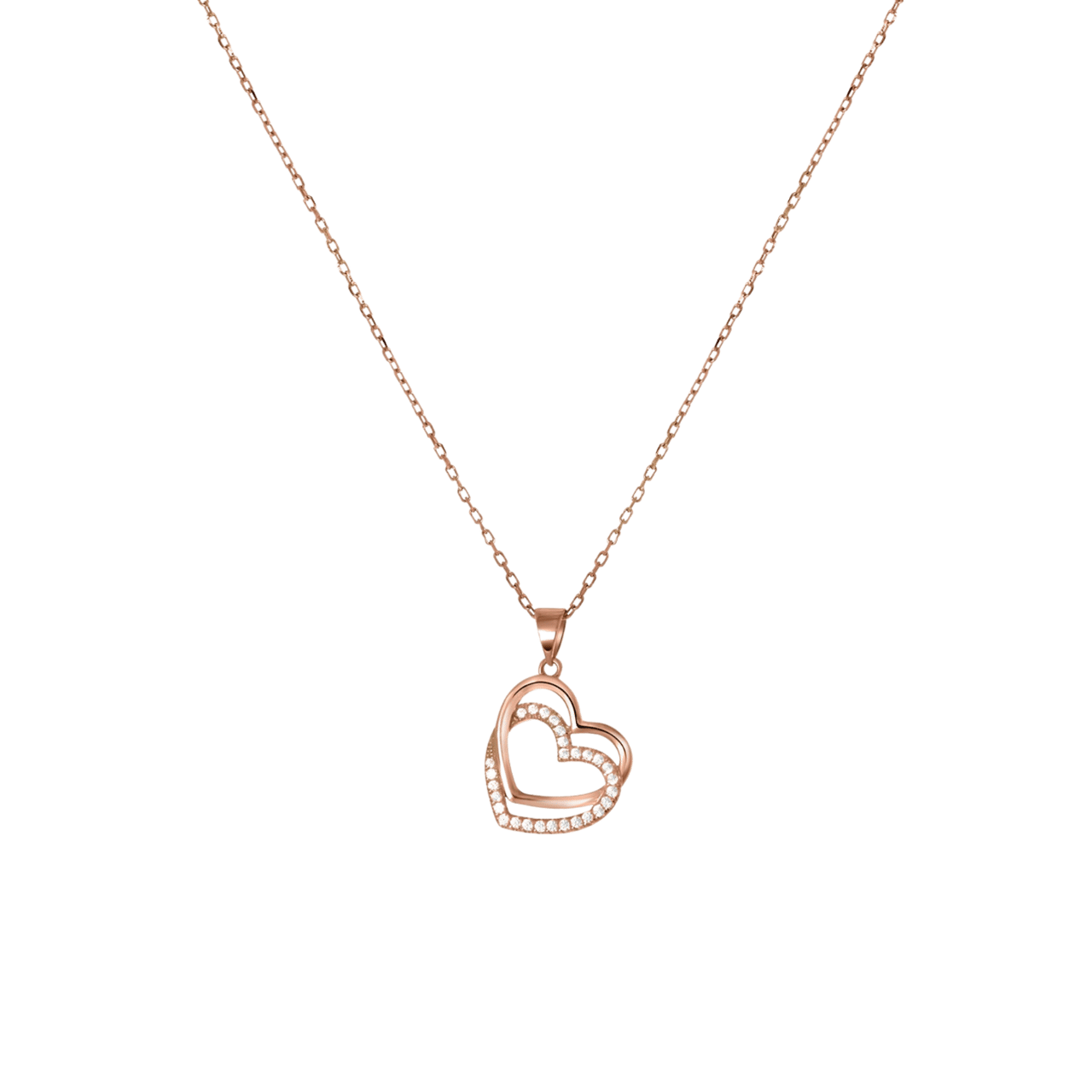 Rosévergoldete Halskette aus 925er Silber mit Anhänger mit 2 Herzen mit Zirkoniabesatz