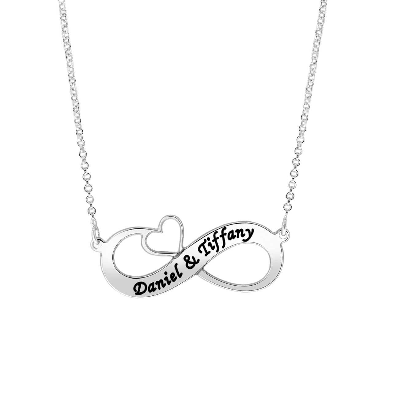 Kette, 925 Silber, Infinity+Herz, schwarze Gravur