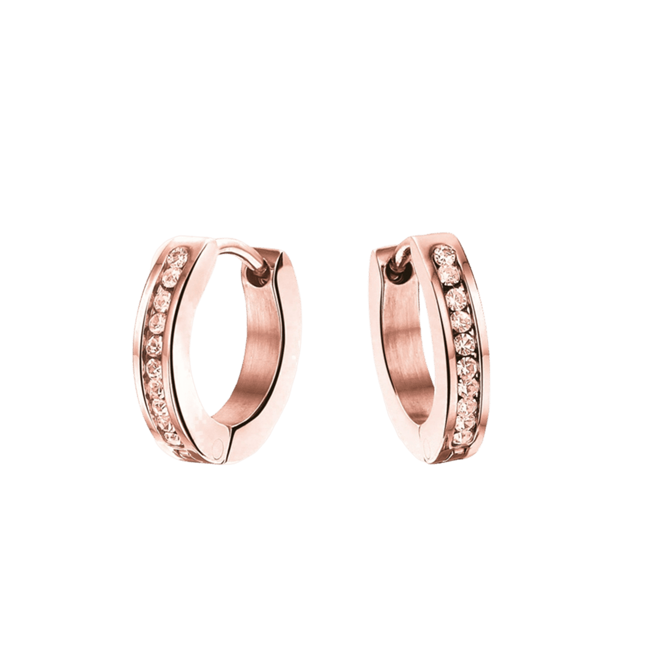 Stalen roséplated kinderoorringen met rose light peach kristal