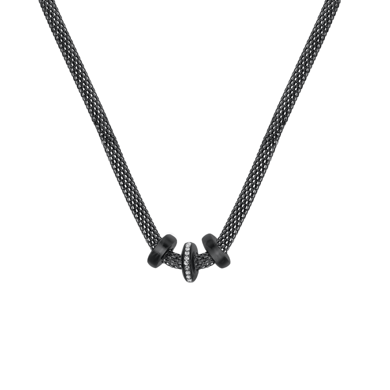Schwarzvergoldete Halskette aus Edelstahl/Mesh mit Kristall