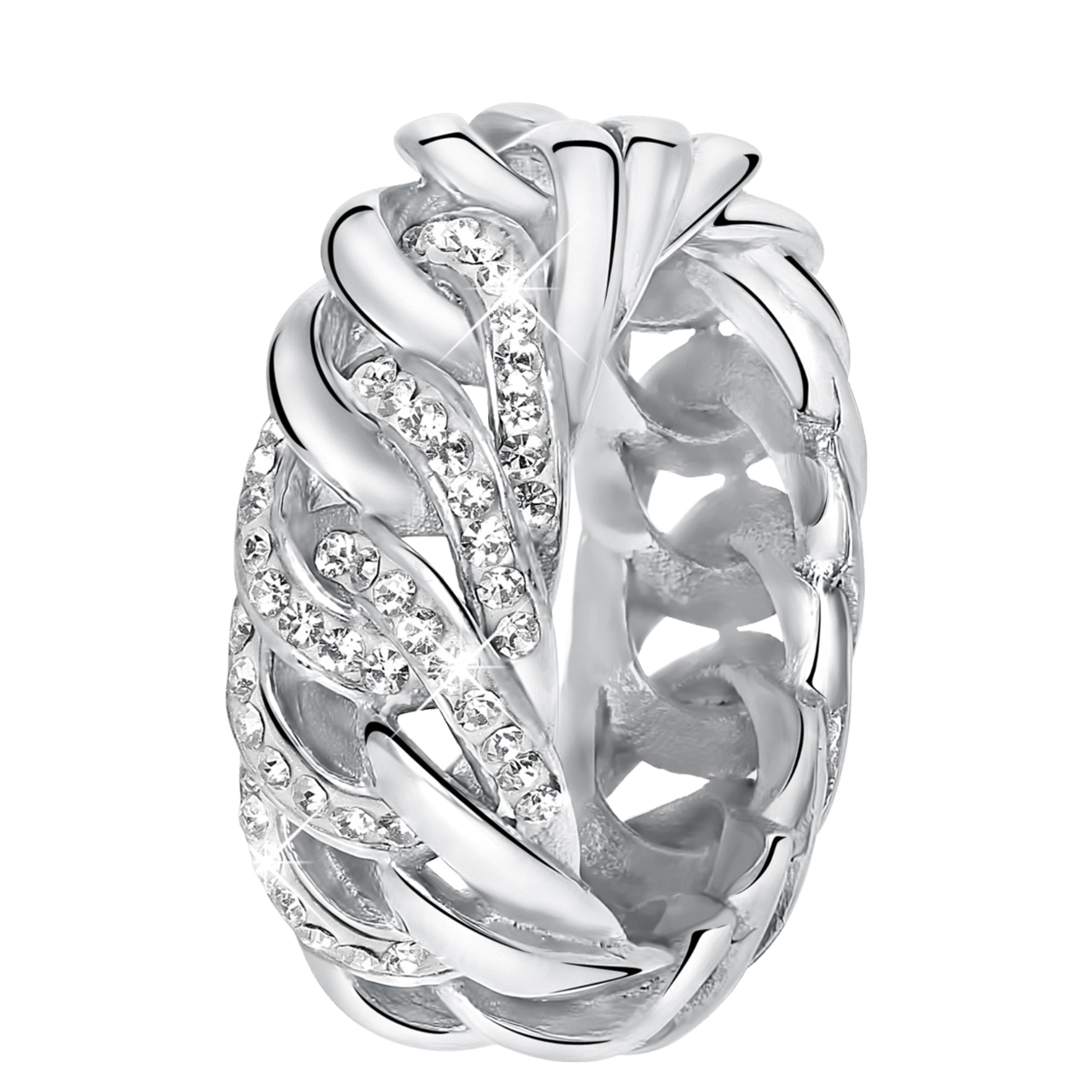 Stalen ring gourmet schakel met kristal