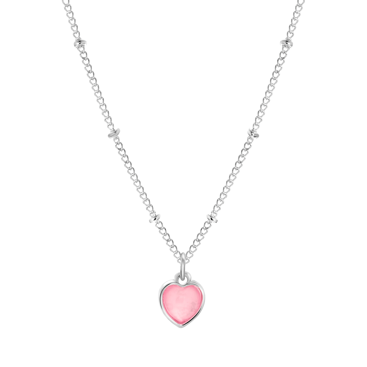 Zilverkleurige byoux ketting met roze hartjes