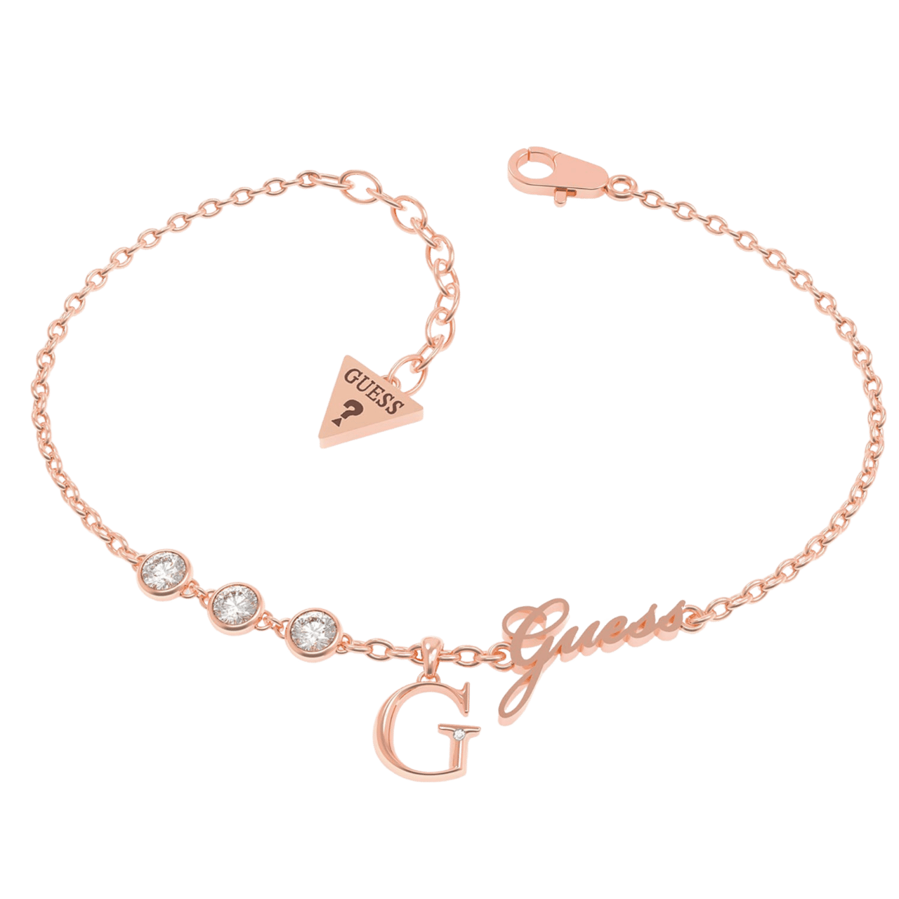 Guess stainless steel roséplated bedelarmband met letterhanger met kristal voor dames