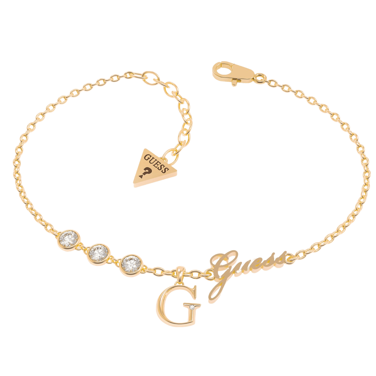 Guess stainless steel goldplated bedelarmband met letterhanger met kristal voor dames