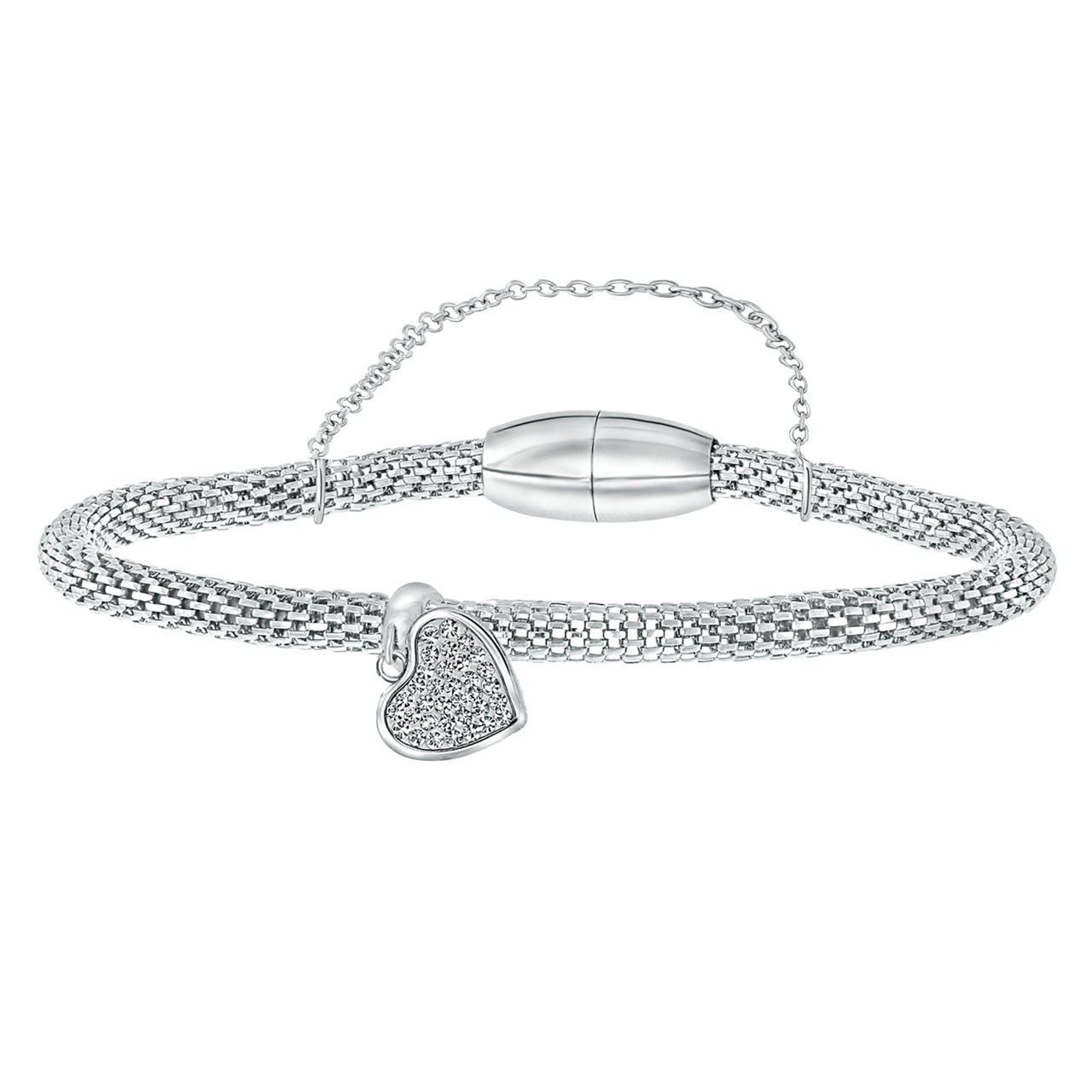 Mesh-Armband, Edelstahl, Herz mit Kristall