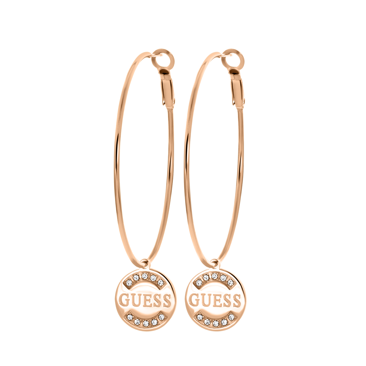 Guess-Ohrringe, Edelstahl, rotvergoldet, GUESS-Logo, 50 mm