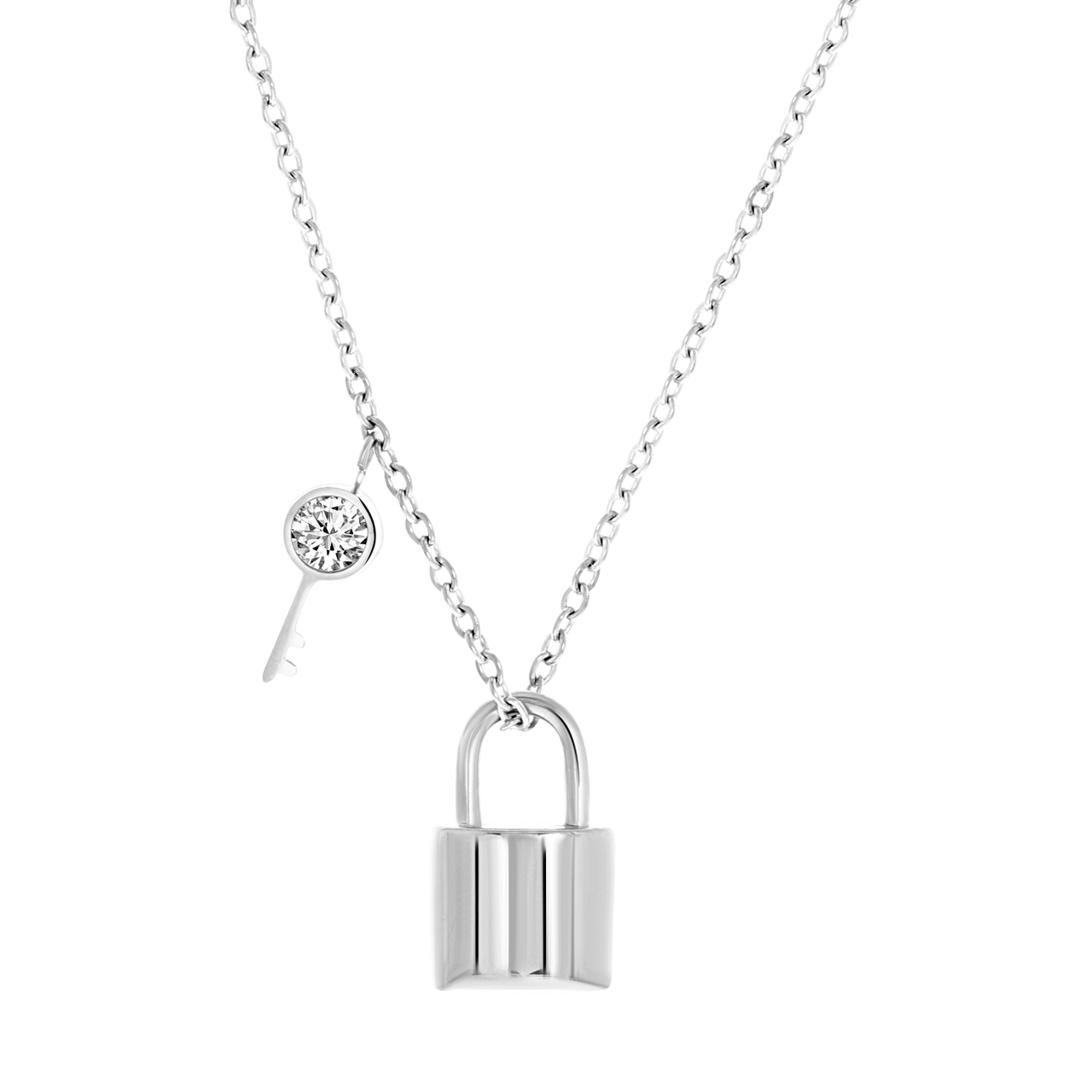 Stalen ketting&hanger slotje/sleutel zirkonia