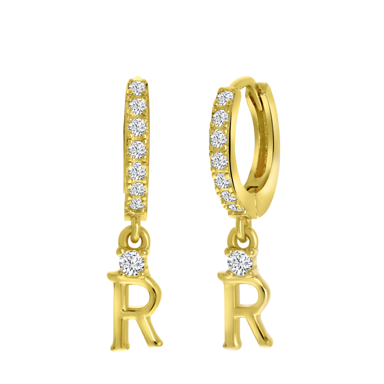 Zilveren oorbellen gold alfabet met zirkonia