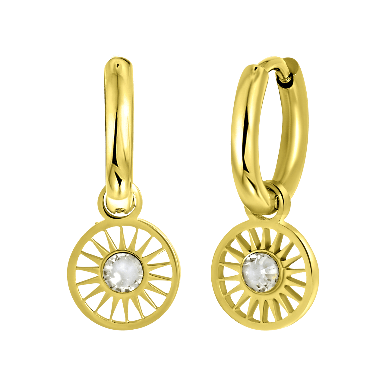 Stalen oorringen goldplated met hanger zon met cz