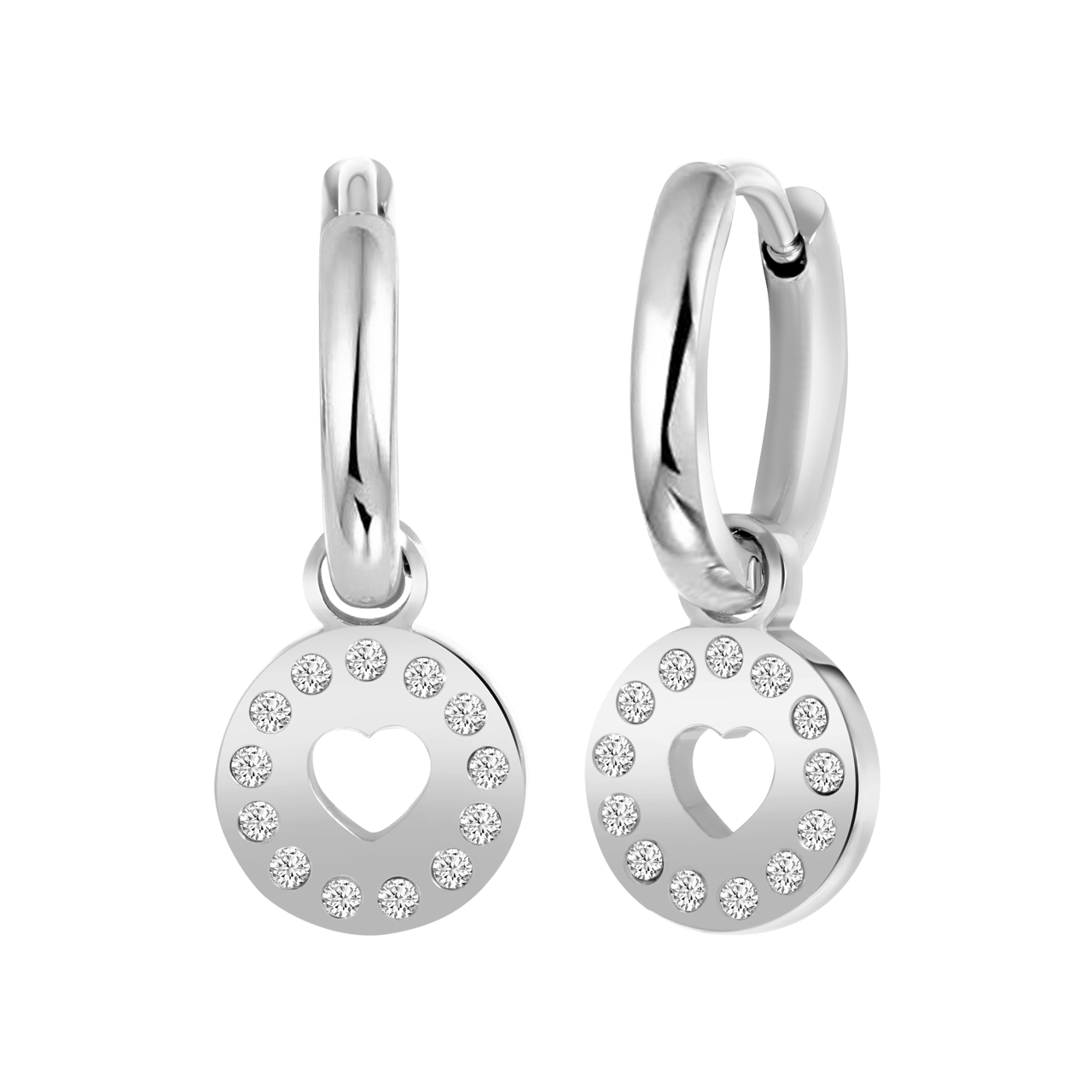 Stainless steel oorringen met hanger open hart met zirkonia