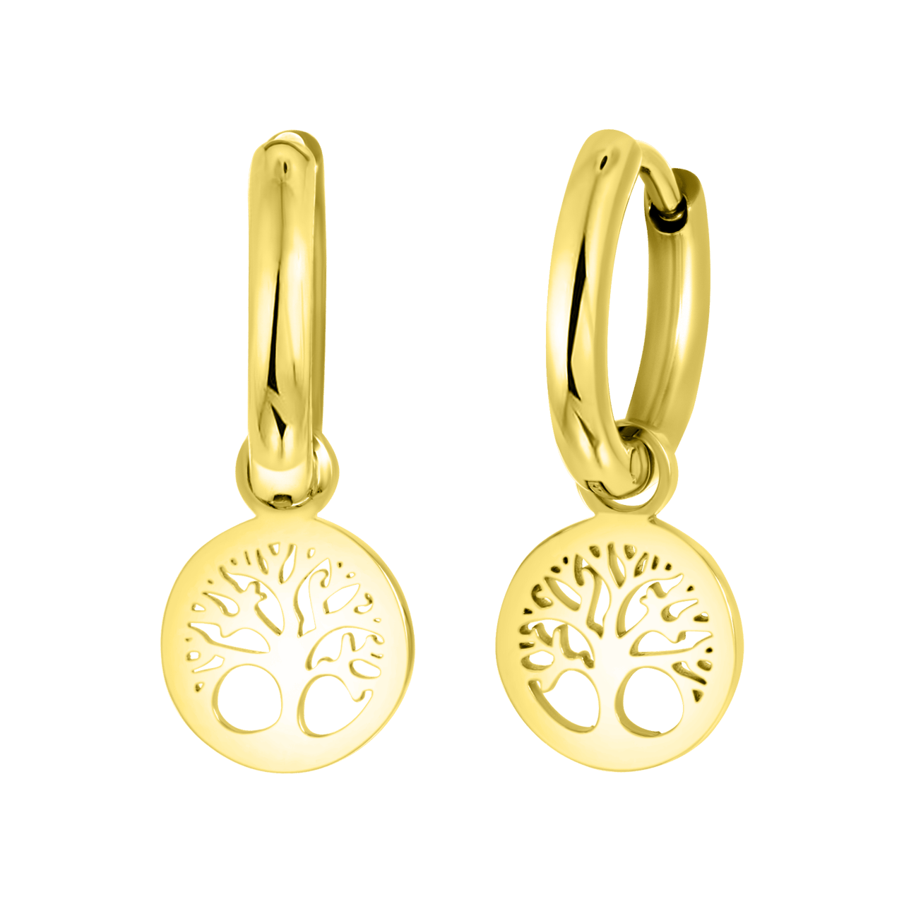 Stalen oorringen goldplated met hanger levensboom