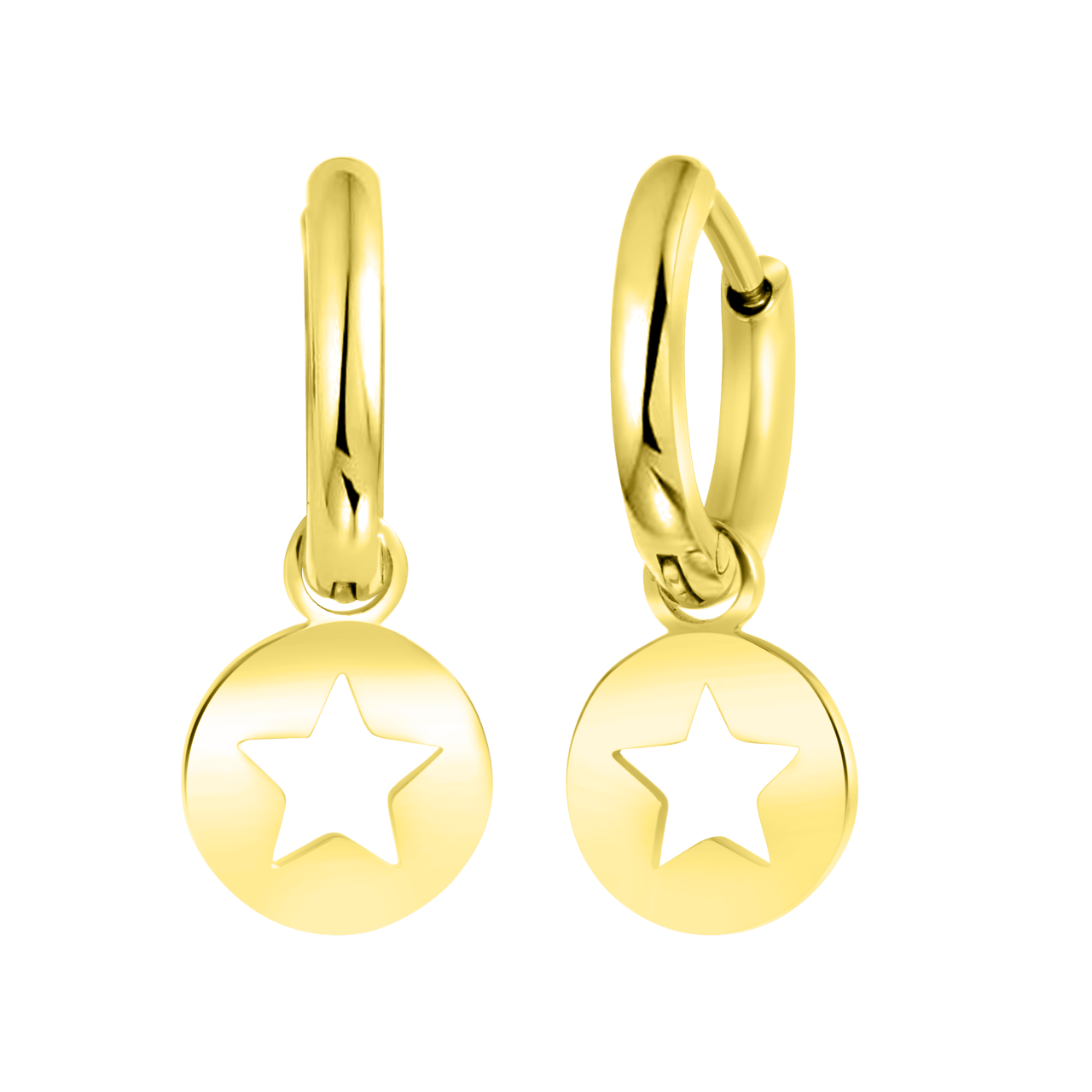 Stalen oorringen goldplated met hanger open ster