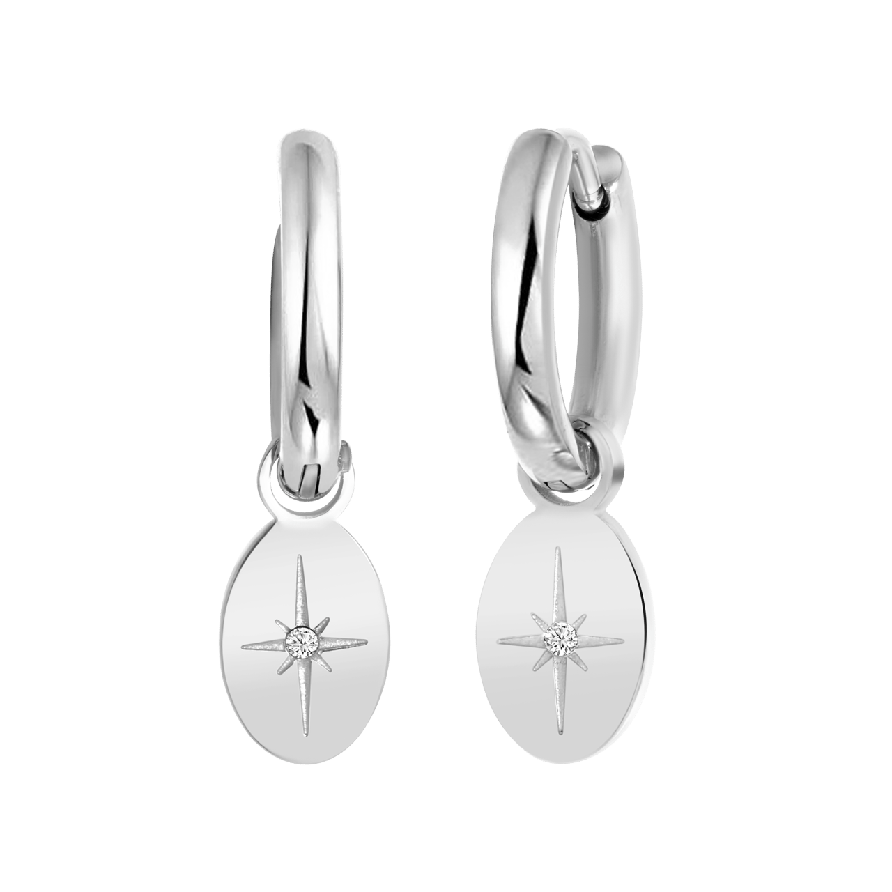Ohrringe, Edelstahl, mit Anhänger, oval, Stern mit Zirk.