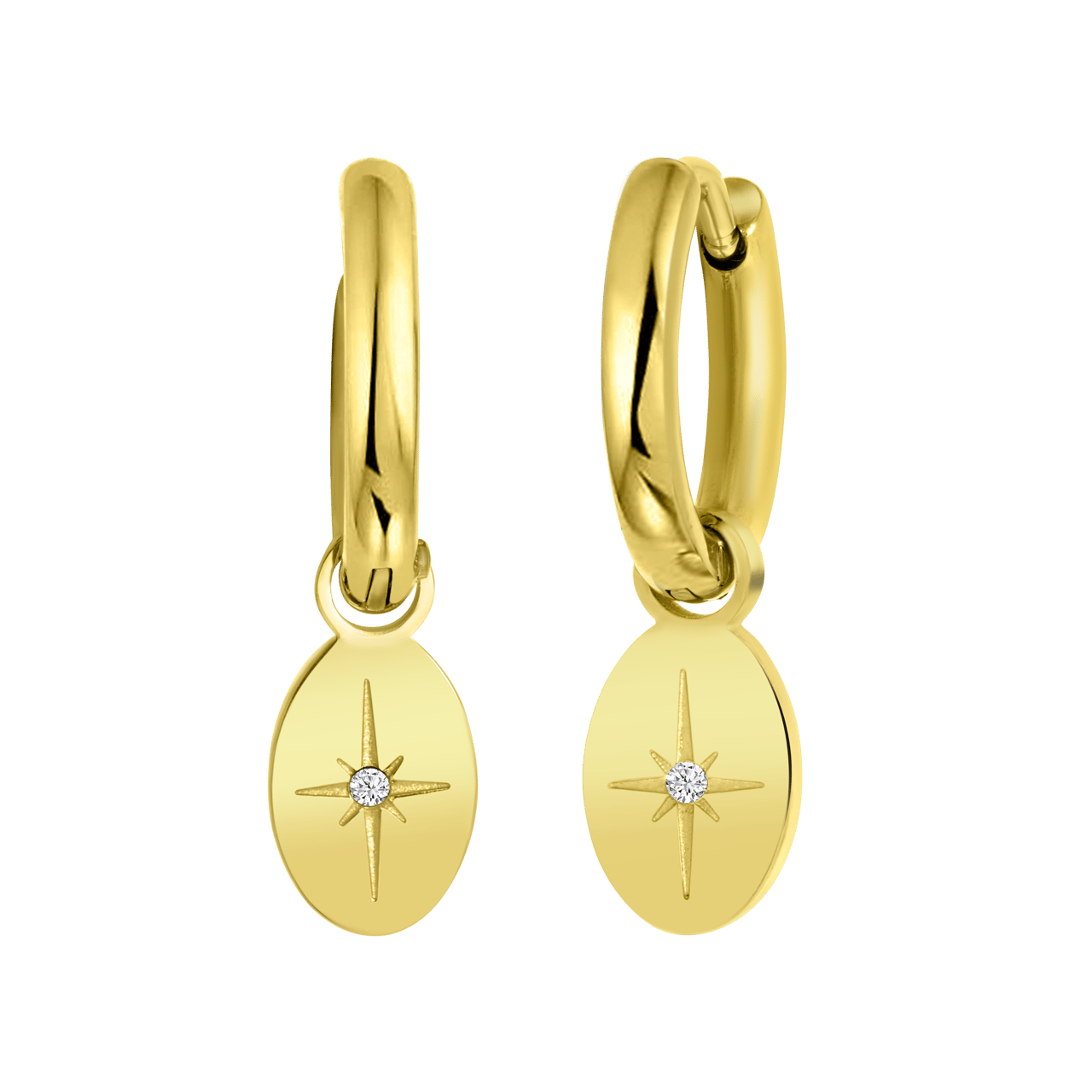 Stalen oorringen goldplated met hanger ovaal ster
