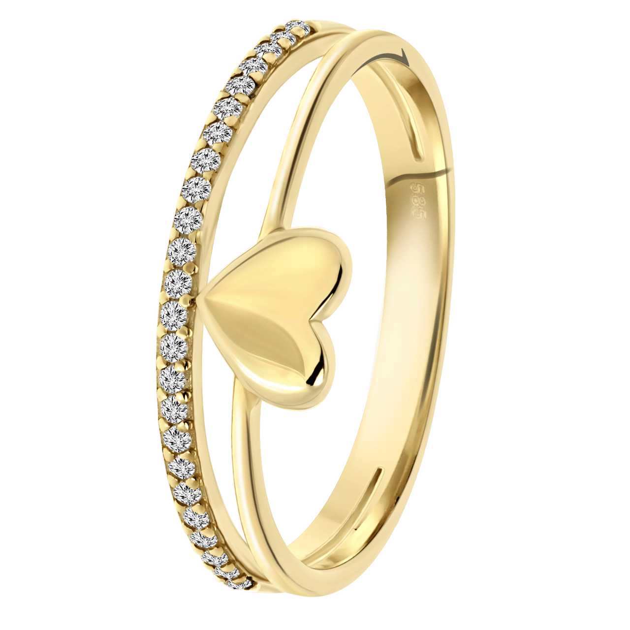 14 karaat geelgouden dubbele ring hart en zirkonia