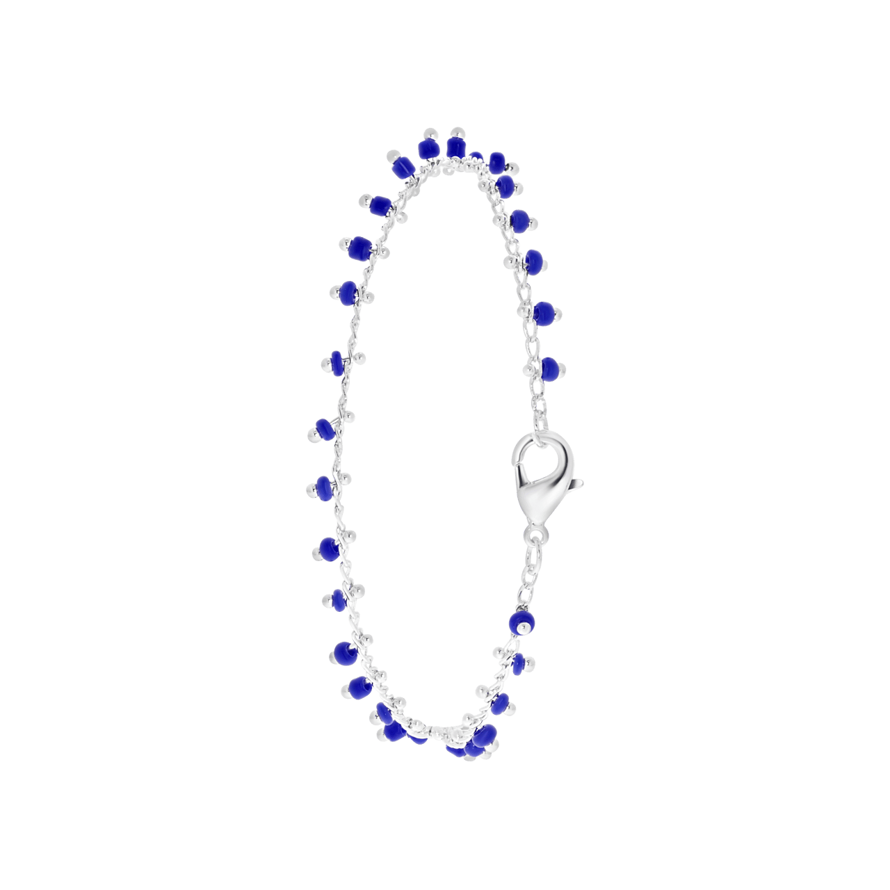 Zilverkleurig enkelbandje met blauwe kralen