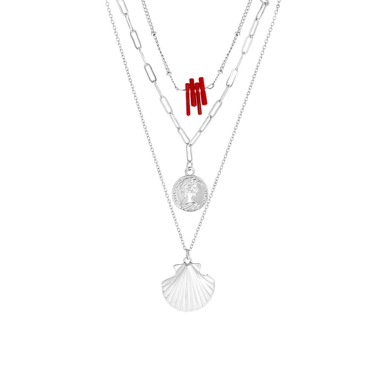 Zilverkleurige byoux kettingen met schelpen
