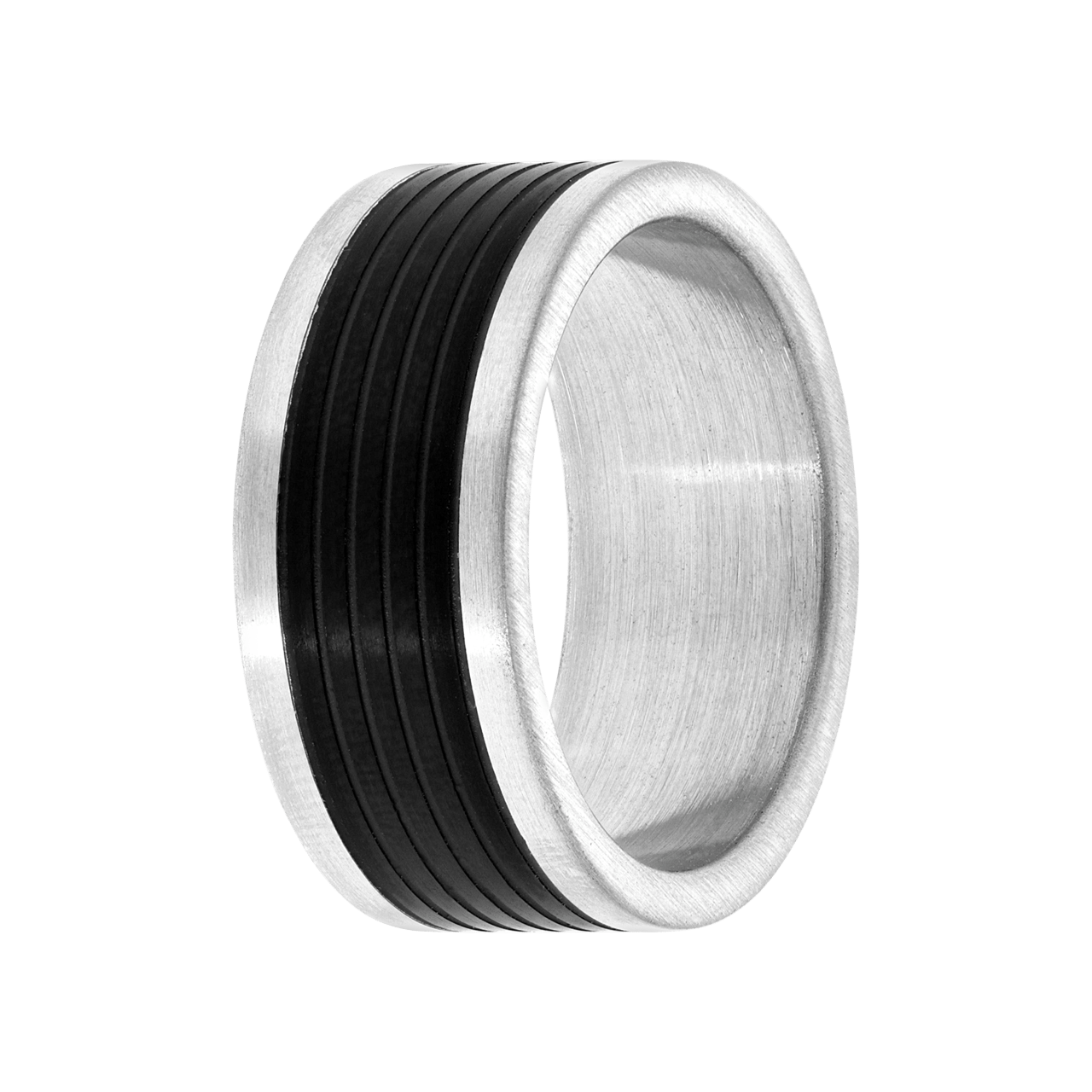 Gerecycled stainless steel herenring mat met zwarte streepjes
