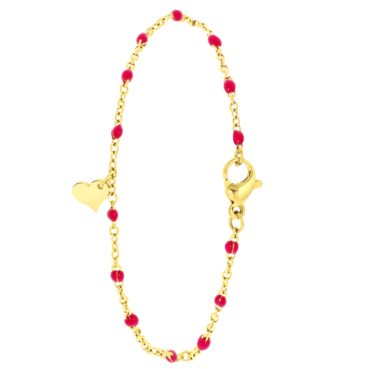 Stainless steel goldplated kralenarmband hart fuchsia emaille voor dames