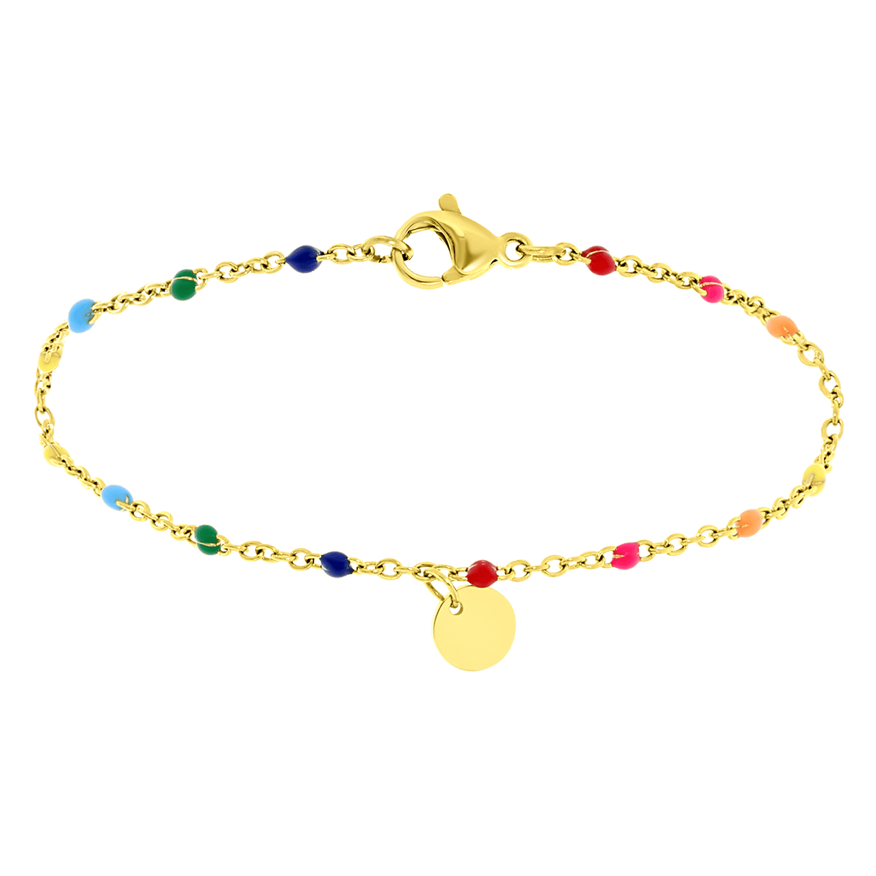Stalen goldplated kralenarmband met graveerdisc en regenboog emaille voor dames