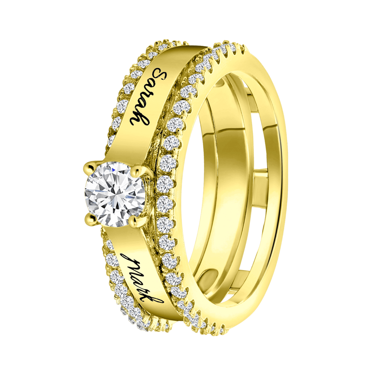 Ring, 925 Silber, vergoldet, Gravur, 2-teilig, Zirkonia