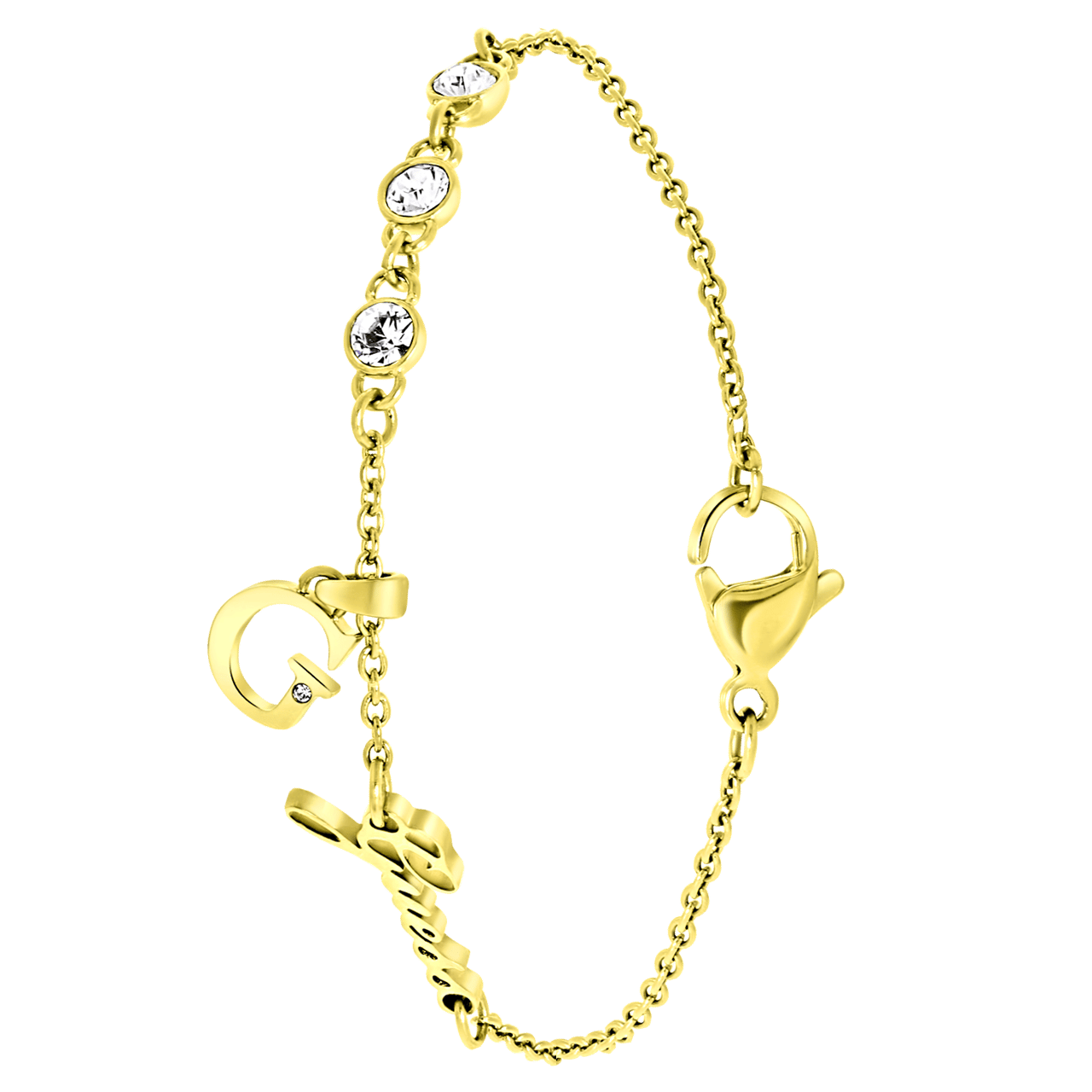 Guess stainless steel goldplated fantasiearmband met letterhanger met kristal voor dames