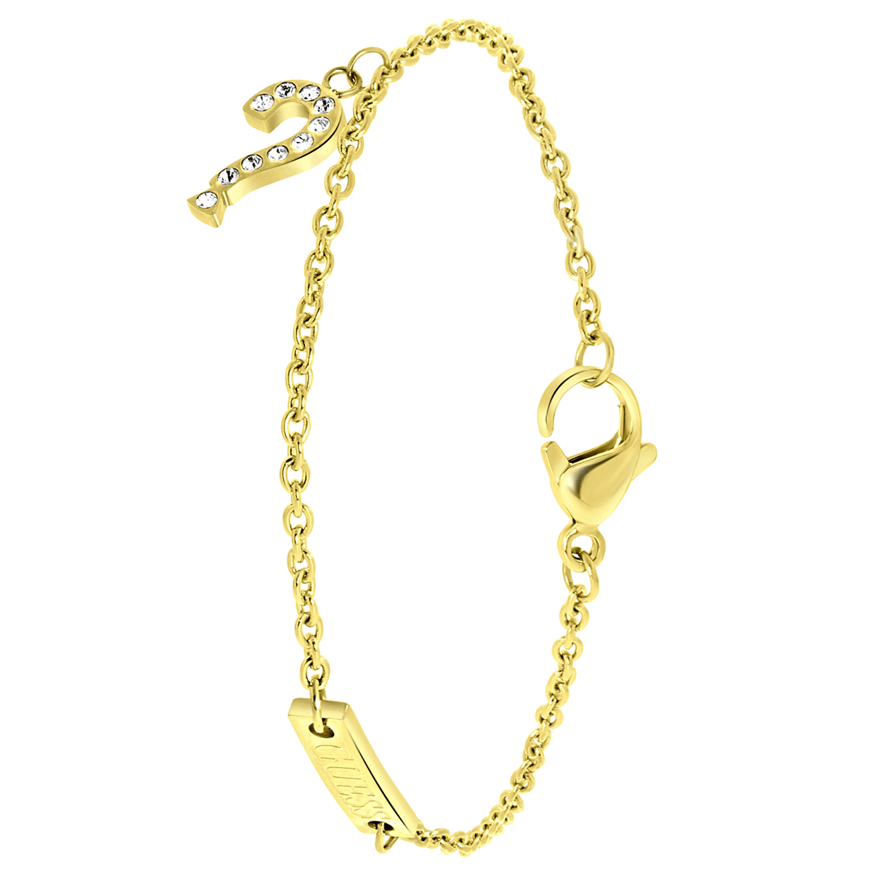 Guess stainless steel goldplated bedelarmband met letterhanger met kristal voor dames