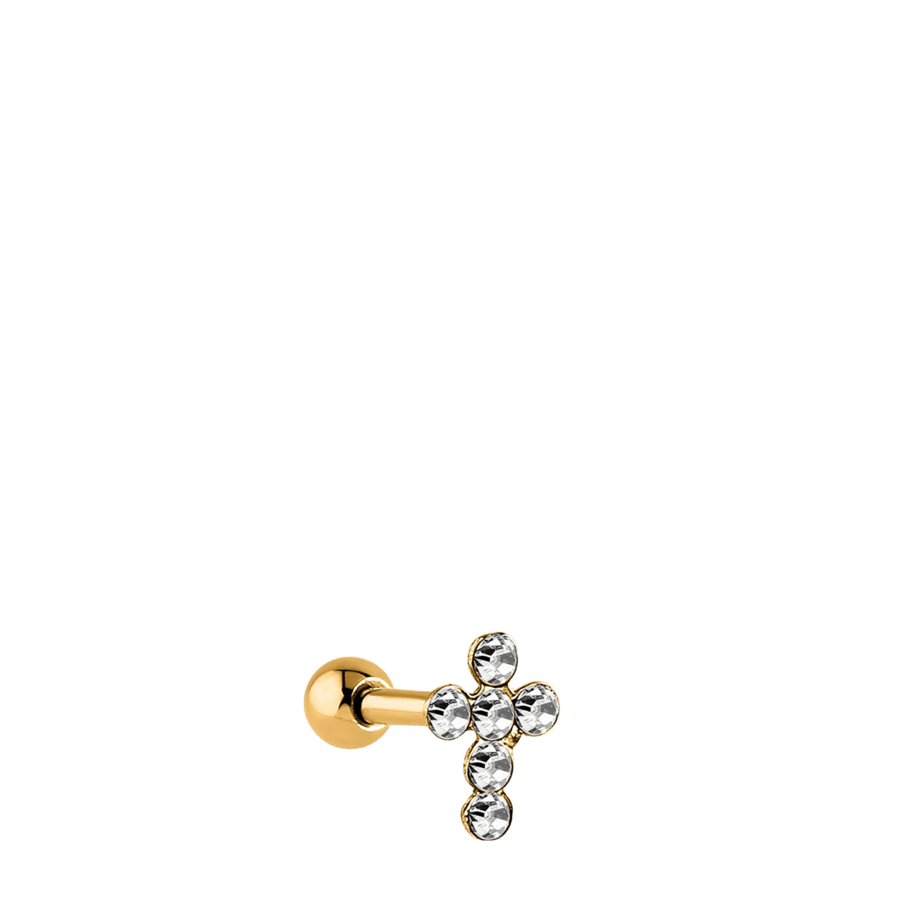 Stainless steel goldplated helixpiercing kruis met kristal voor dames