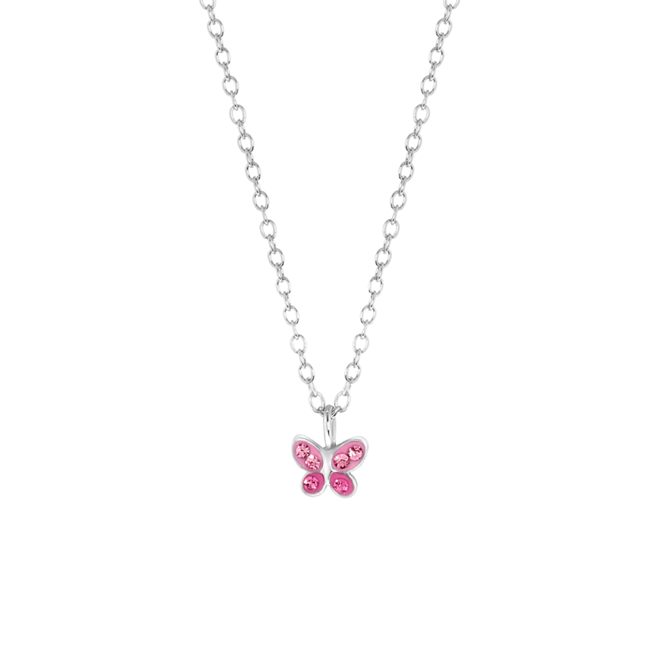 Zilveren kinderketting vlinder roze kristal