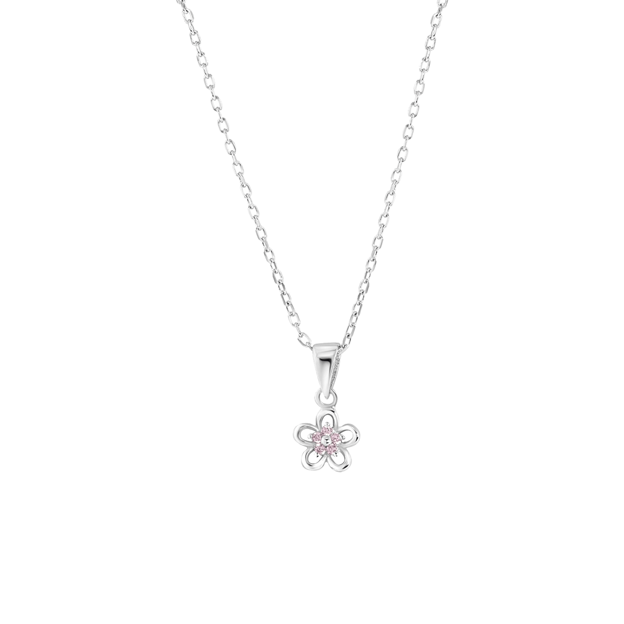 Zilveren kinderketting bloem met roze zirkonia