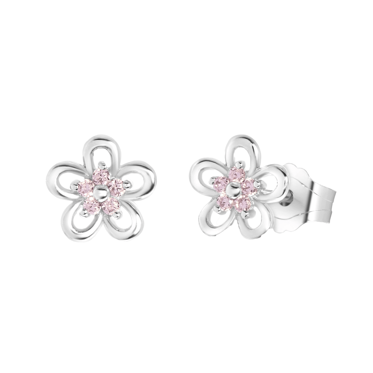 Kinderohrringe, 925 Silber, Blume mit rosafarbenem Zirkonia