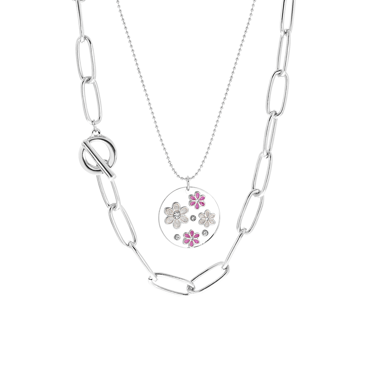 Zilverkleurige dubbele bijoux ketting met munt