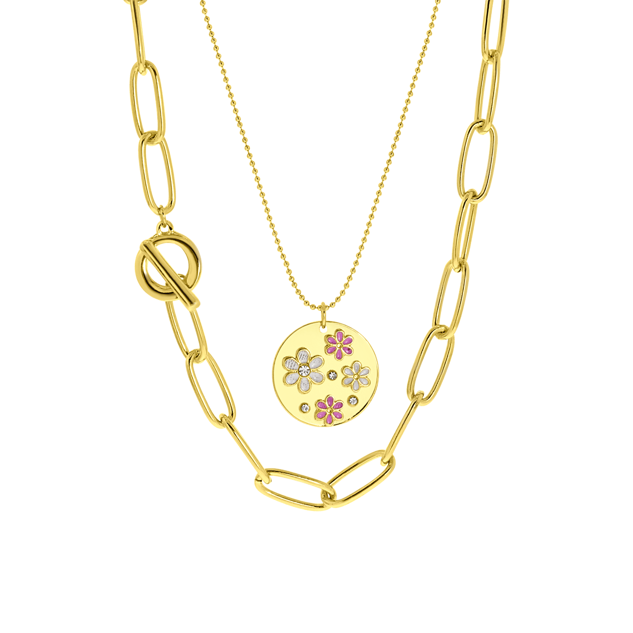 Goudkleurige dubbele bijoux ketting met munt