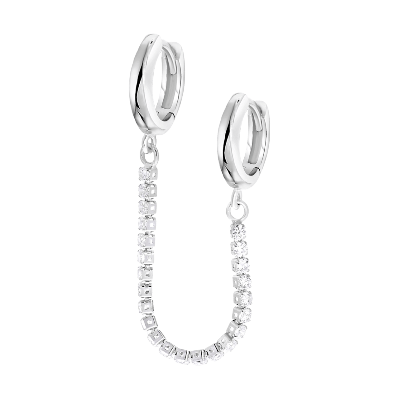 Zilveren oorring dubbel met ketting zirkonia
