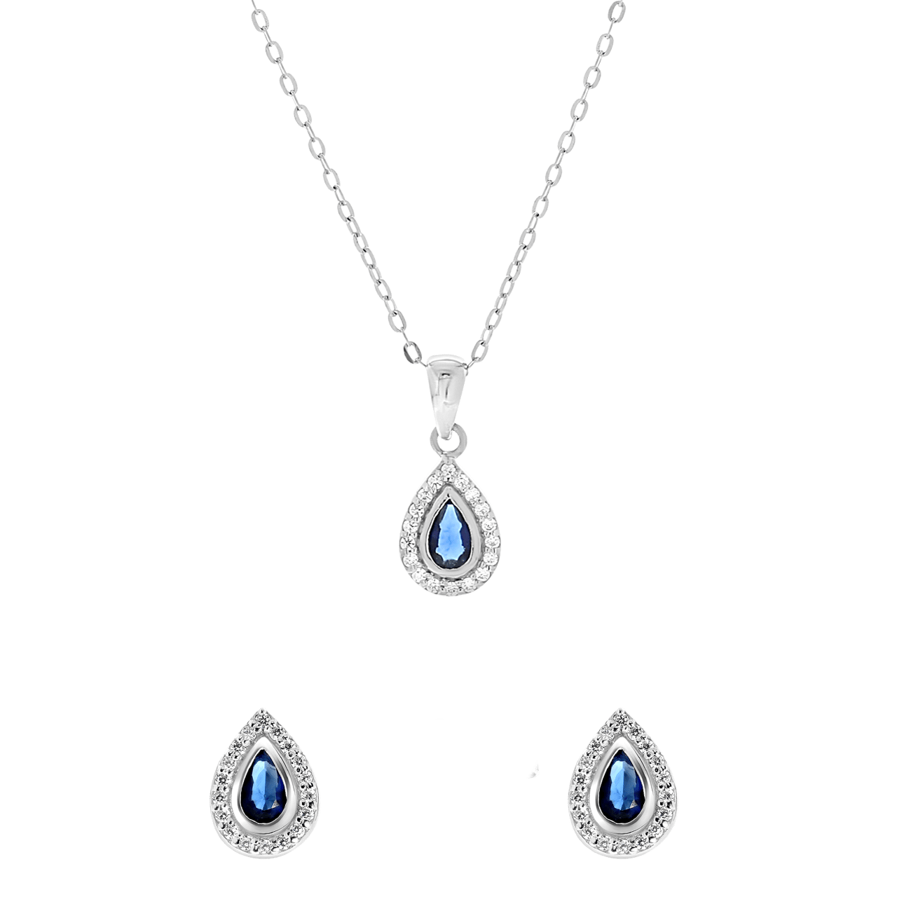 Schmuckset, 925 Silber, Tropfen, mit blauem Zirkonia