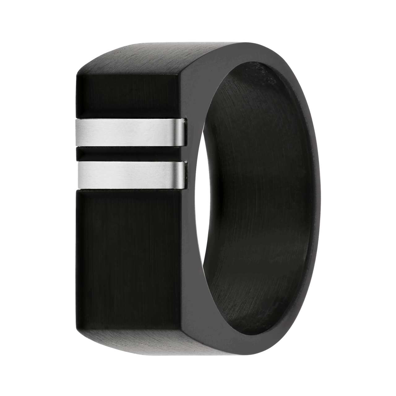 Gerecycleerd stainless steel blackplated heren zegelring met 2 strepen