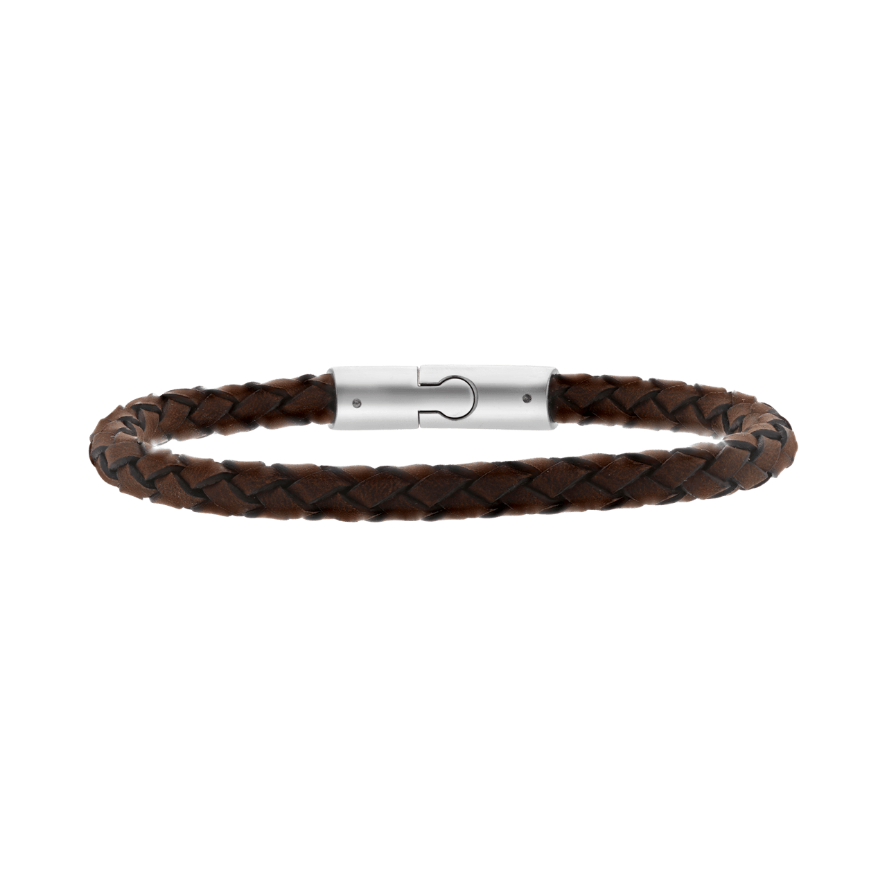 Stalen herenarmband gevlochten leer donker bruin