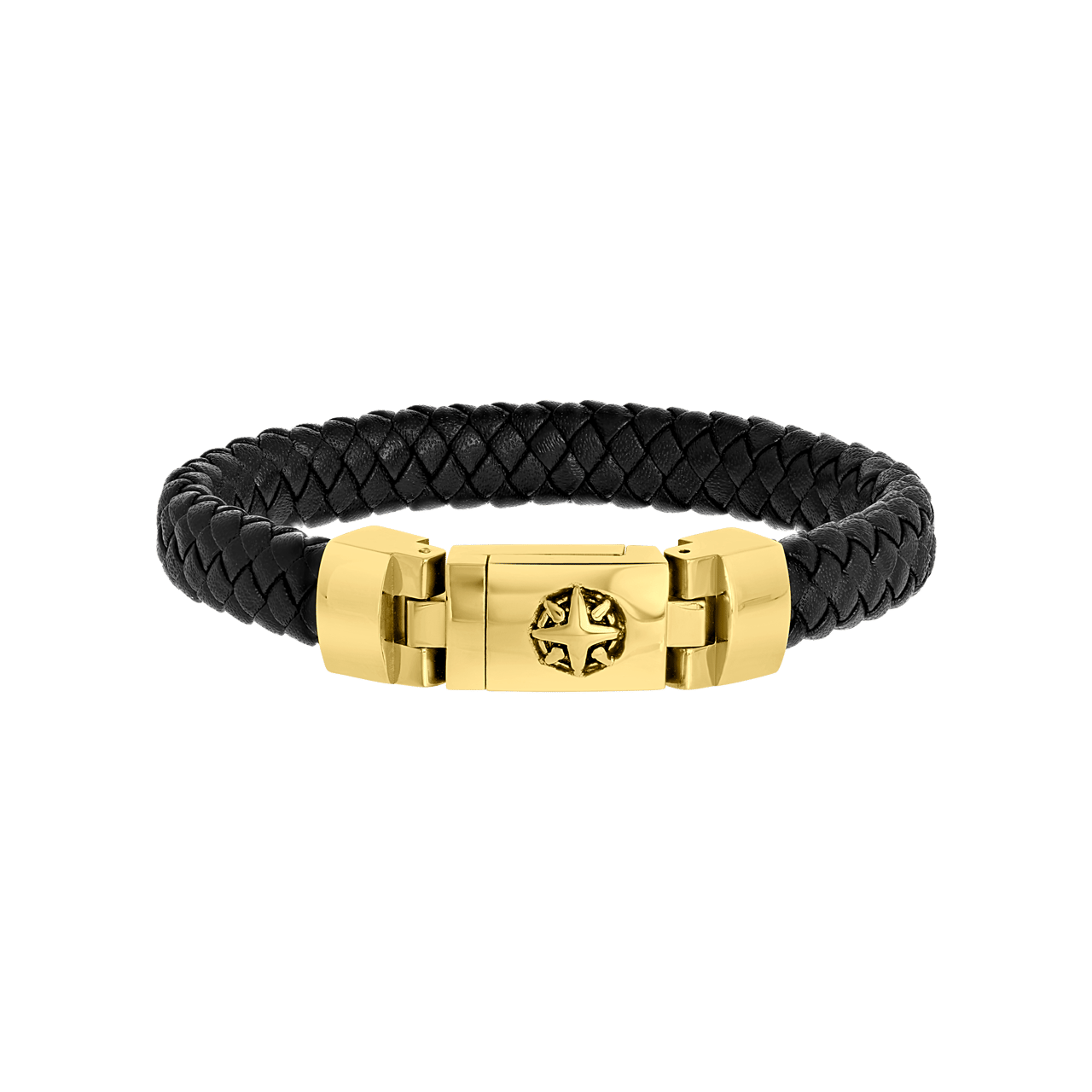 Gerecycled stalen herenarmband gold zwart leer met kompas