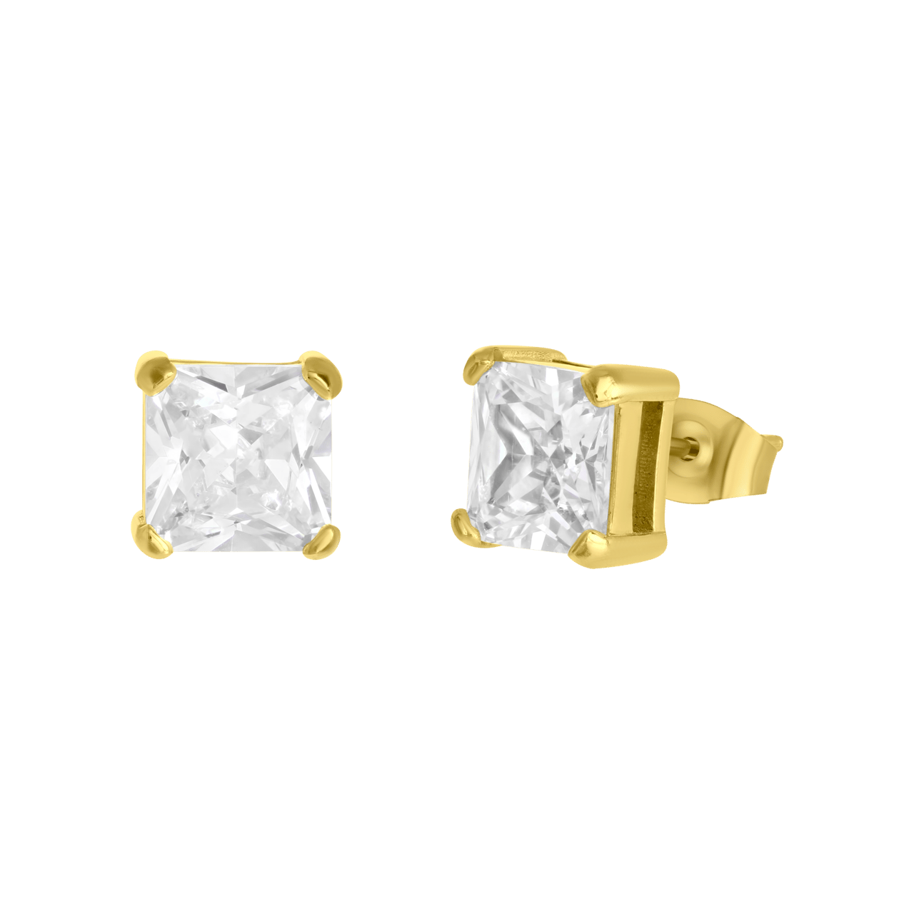 Gerecycled stainless steel oorknoppen golplated met vierkante zirkonia 8mm voor heren
