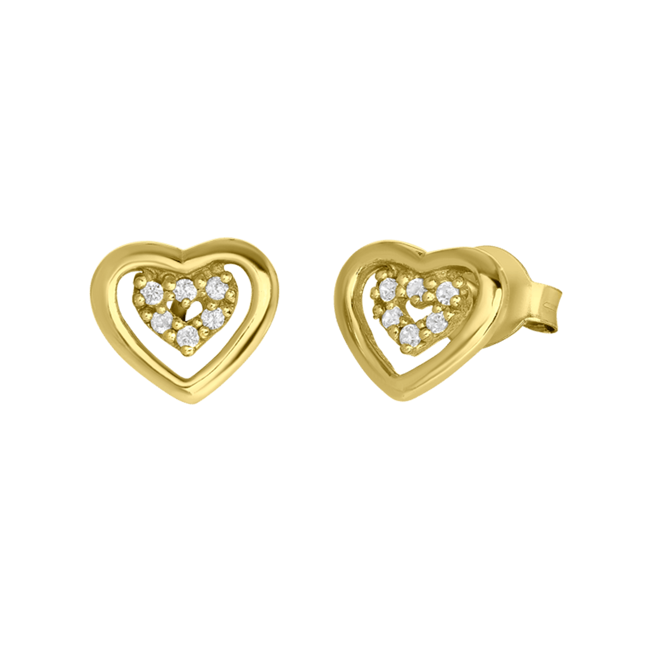 Zilveren goldplated kinderoorknoppen hart met zirkonia