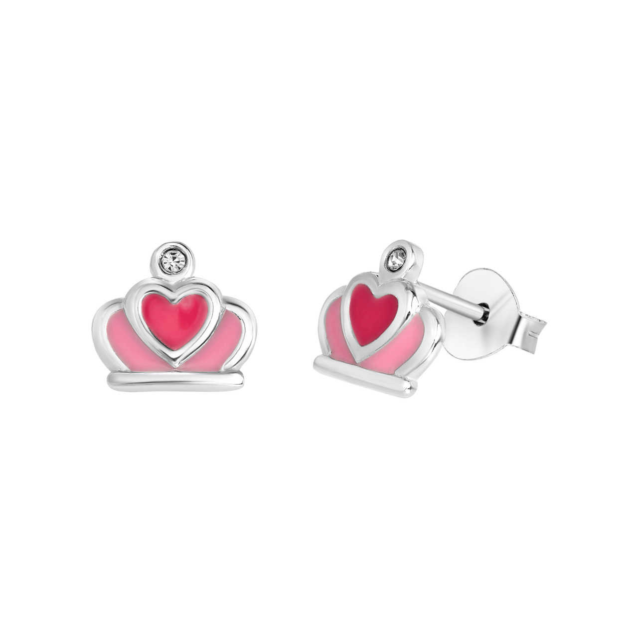 Zilveren kinderoorbellen met roze kroon & kristal